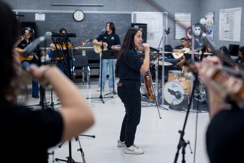 CJ Santos, a student at Franklin High School, sings a song at rehearsal on Thursday, Feb. 15, 2024. Mariachi Estrella Del Oeste is one of the four El Paso Independent School District high schools that have secured spots in the 2024 UIL State Mariachi Festival.