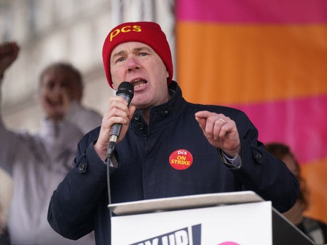 General secretary of the Public and Commercial Services Union Mark Serwotka speaks during a strike rally 