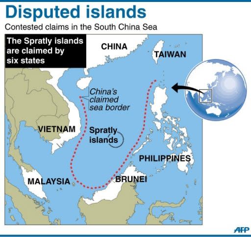 Map showing the disputed Spratly islands in the South China Sea, includes China's claimed sea border