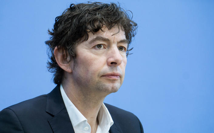 Christian Drosten, virologist of the Charite hospital, attends a press conference on the new coronavirus in Berlin, Germany, Monday, March 9, 2020. (AP Photo/Michael Sohn)