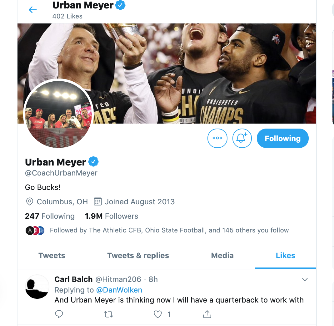 Does Urban Meyer liking this tweet mean anything? (Yahoo Sports screenshot)