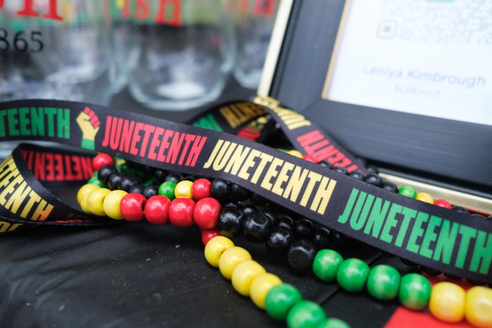 Juneteenth lanyards are one of several products sold at Leniya Kimbrough's booth during the Juneteenth celebration at Health Sciences Park on Saturday, June 19, 2021, in Memphis, TN.