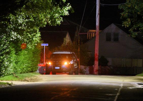 A Barnstable Police cruiser sits at the top of Marchant Avenue as police investigate Saoirse Kennedy Hill's death (REUTERS)