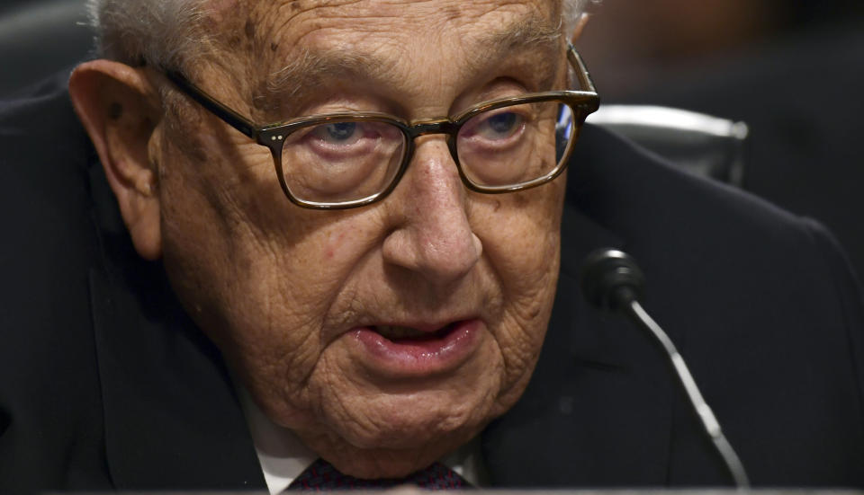 FILE - Former Secretary of State Henry Kissinger speaks during the Senate Armed Services Committee hearing on Capitol Hill in Washington, Thursday, Jan. 25, 2018. Kissinger marks his 100th birthday on Saturday, May 27, 2023, outlasting many of his political contemporaries who guided the United States through one of its most tumultuous periods including the presidency of Richard Nixon and the Vietnam War. (AP Photo/Susan Walsh, File)
