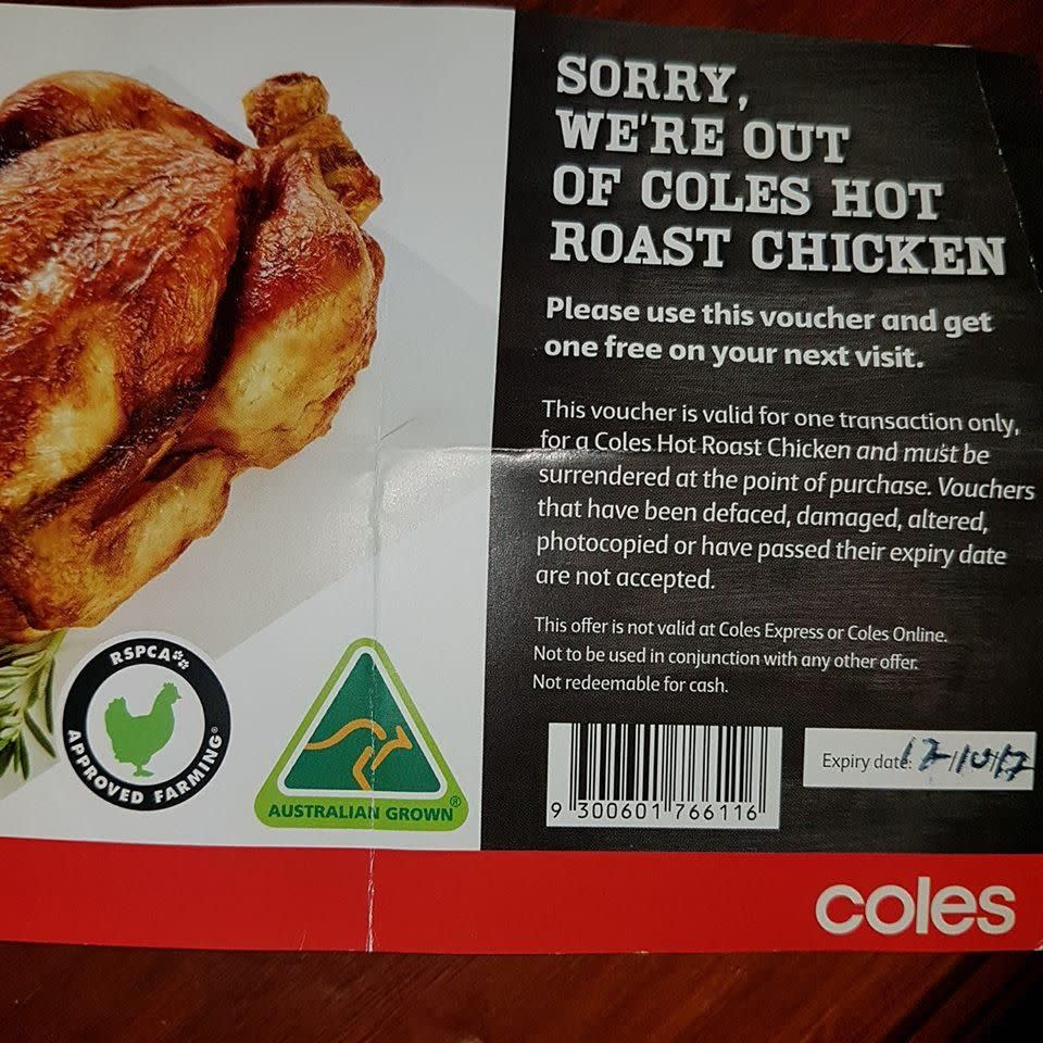 Coles offer this voucher for a free roast chicken. Photo: Facebook