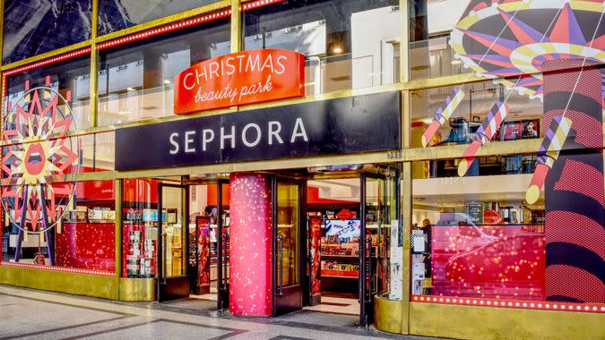 TURIN, ITALY, CIRCA DECEMBER 2017: the red and golden Christmas window shop of Sephora, a French chain of cosmetics stores and beauty products for women.