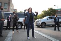 <p>Harris wore her signature Converse trainers with skinny jeans, basic tee and blazer while campaigning in Wisconsin.</p>