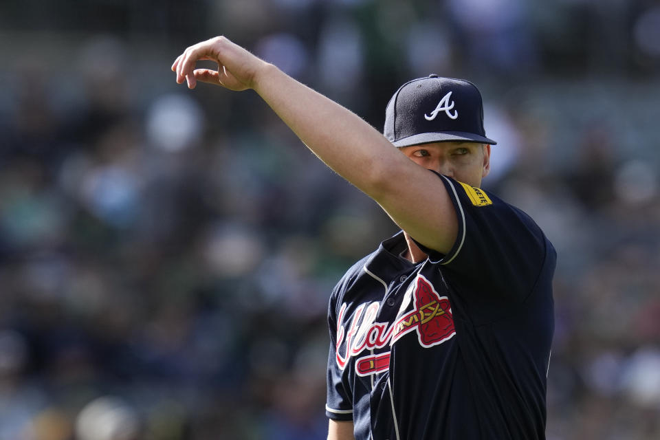 Atlanta Braves' Michael Soroka walks to the dugout after pitching against the Oakland Athletics during the second inning of a baseball game in Oakland, Calif., Monday, May 29, 2023. (AP Photo/Godofredo A. Vásquez)