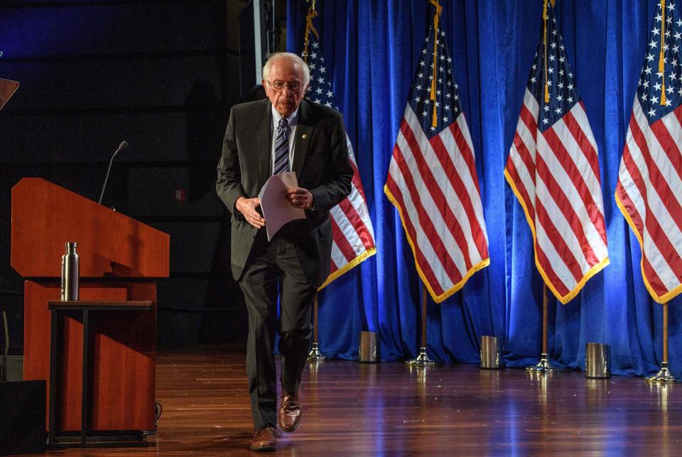 US Senator Bernie Sanders, Independent of Vermont, leaves after speaking at George Washington University in Washington, DC, on September 24, 2020. - Sanders warned that the US faces an "unprecedented and dangerous moment," as US President Donald Trump questions the legitimacy of mail-in ballots and suggests he might not accepts the election results. (Photo by NICHOLAS KAMM / AFP) (Photo by NICHOLAS KAMM/AFP via Getty Images) ORG XMIT: 2883 ORIG FILE ID: AFP_8QN2JM.jpg