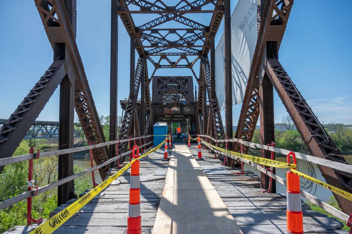 A pathway that is still under construction is seen at Rock Island Bridge on Wednesday, April 17, 2024, in Kansas City, Kansas.