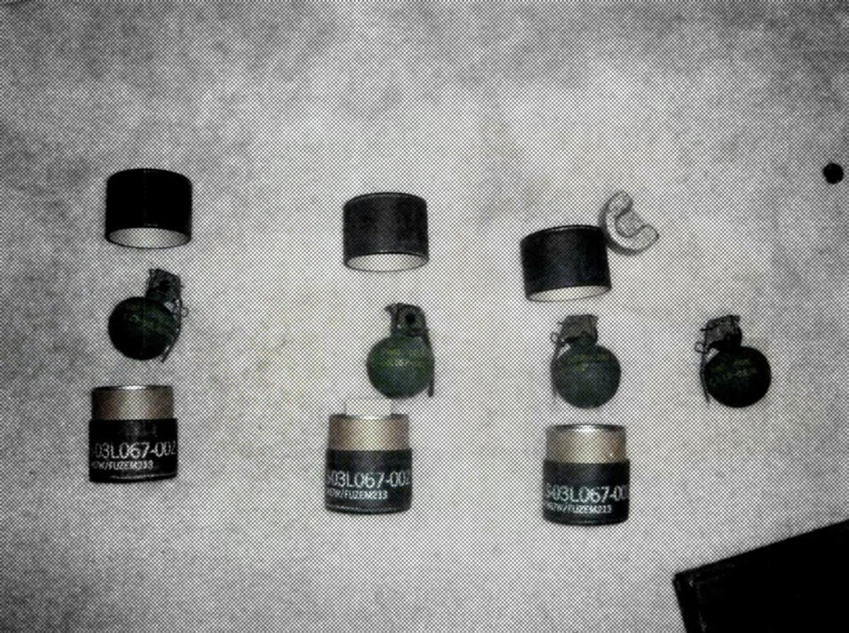 A photo illustration of stolen military fragmentation grenades found in a home in Quantico, Virginia, on Jan. 19, 2010. (AP Illustration)