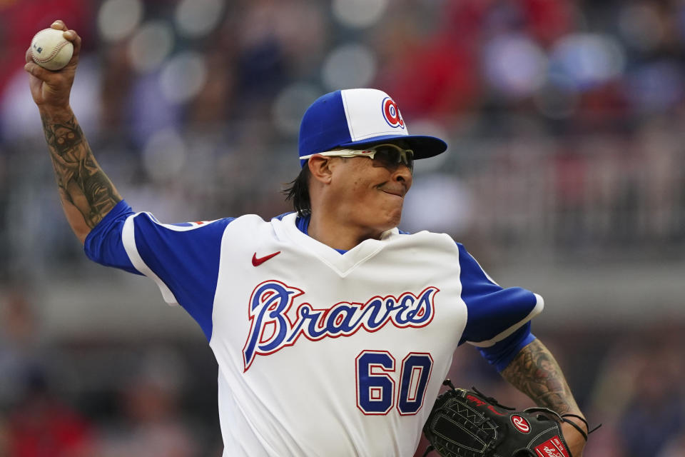 Atlanta Braves pitcher Jesse Chavez (60) works the first inning of a baseball game against the Milwaukee Brewers, Friday, May 6, 2022, in Atlanta. (AP Photo/John Bazemore)