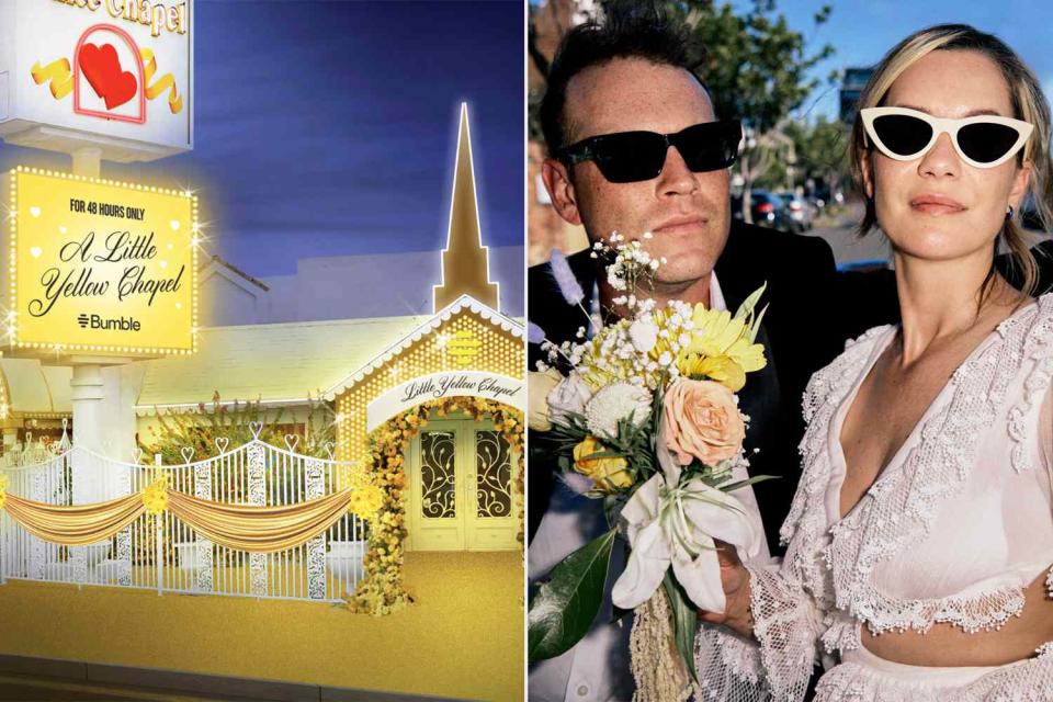 <p>Bumble</p> The Little White Wedding Chapel in Las Vegas will be decorated in Bumble yellow in June for the app