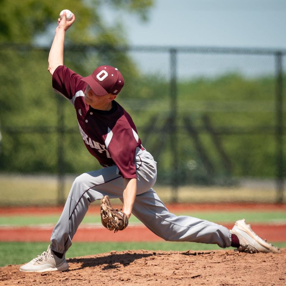 Oriskany's Anthony Kernan throws a pitch during the finals of the 2023 Section III Class D Baseball Tournament at Onondaga Community College on Monday, May 29, 2023.