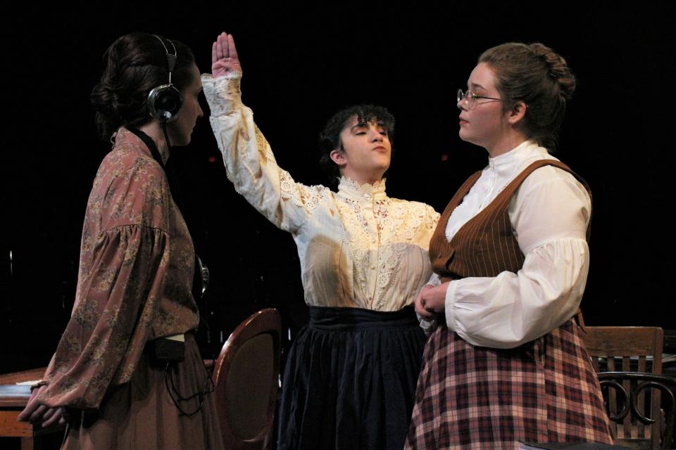 Williamina Fleming (Samantha Gade) center, is the supervisor of Annie Cannon (Faith Holbert), right, but acknowledges her coworker's bossy role in front of newcomer Henrietta Leavitt (Emilie Johns, left) in this rehearsal scene from the drama "Silent Sky."