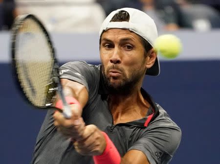 Aug 31, 2018; New York, NY, USA; Fernando Verdasco of Spain hits to Juan Martin del Potro of Argentina (not pictured) in a third round match on day five of the 2018 U.S. Open tennis tournament at USTA Billie Jean King National Tennis Center. Mandatory Credit: Robert Deutsch-USA TODAY Sports