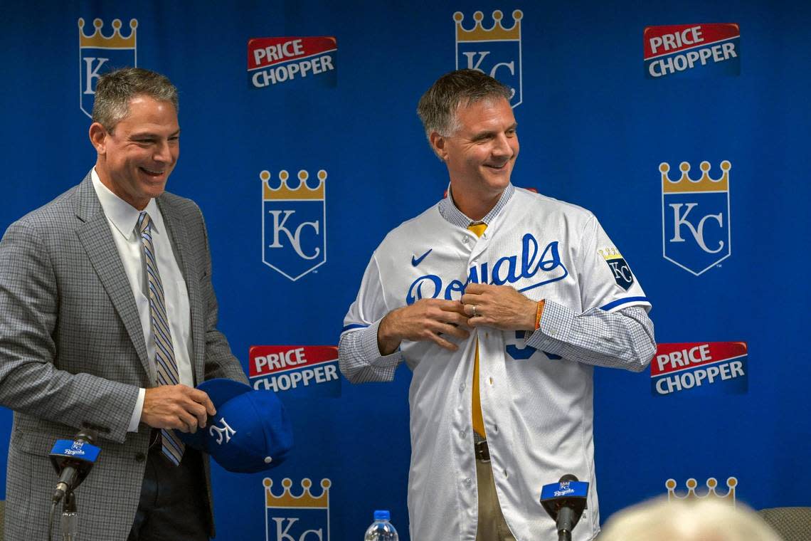 Kansas City Royals GM J.J. Picollo, left, introduced new Royals manager Matt Quatraro during a press conference Thursday, Nov. 3, 2022, at Kauffman Stadium. The Royals hired Quatraro to replace Mike Matheny, who was fired at the end of the season.