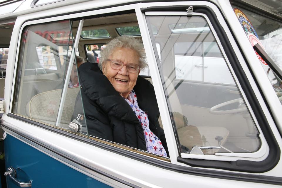 Ruth Griffin, 97, known as a Portsmouth matriarch, gets ready to ride in a Volkswagen van in the city's 400th anniversary parade Saturday, June 3, 2023.