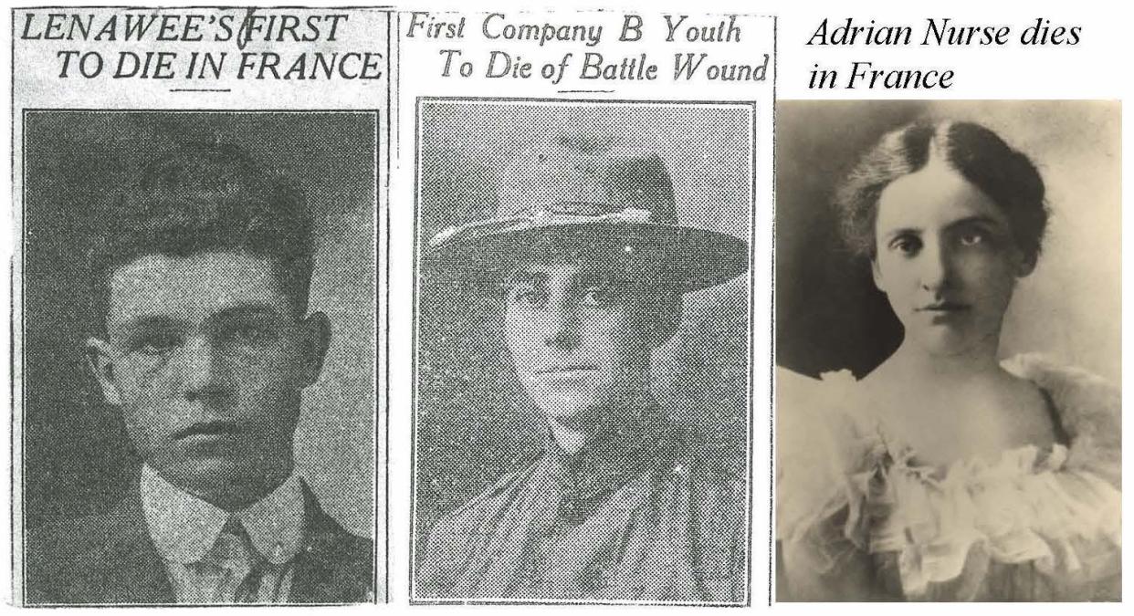 Shown from left, are Pvt. Orvel V. Blakeley, the first Lenawee County man to die in France; Pvt. Claude Thomas Annis the first Adrian man to die in battle; and Nurse Julia Lide who died after spending 18 months tending to the wounded in hospitals in France.