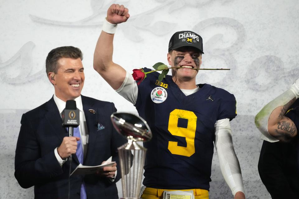 Michigan Wolverines quarterback J.J. McCarthy (9) celebrates after defeating the Alabama Crimson Tide in the 2024 Rose Bowl college football playoff semifinal game at Rose Bowl.