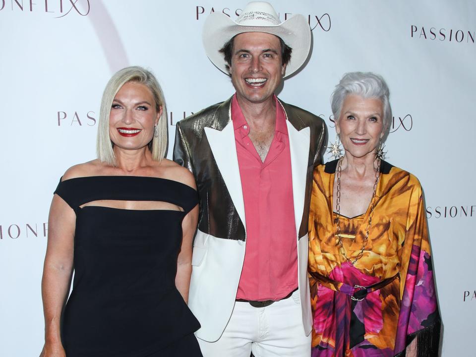 South African filmmaker/CEO and Founder of Passionflix Tosca Musk, brother/South African restaurateur Kimbal Musk and mother/Canadian-South African model Maye Musk arrive at the Los Angeles Premiere Of Passionflix's Series 'Driven' Season 2 held at AMC Santa Monica 7 on July 17, 2021 in Santa Monica, Los Angeles, California, United States.