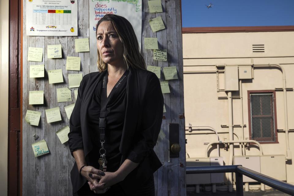 Misti Kemmer outside her classroom at Russell Elementary School in South Los Angeles.