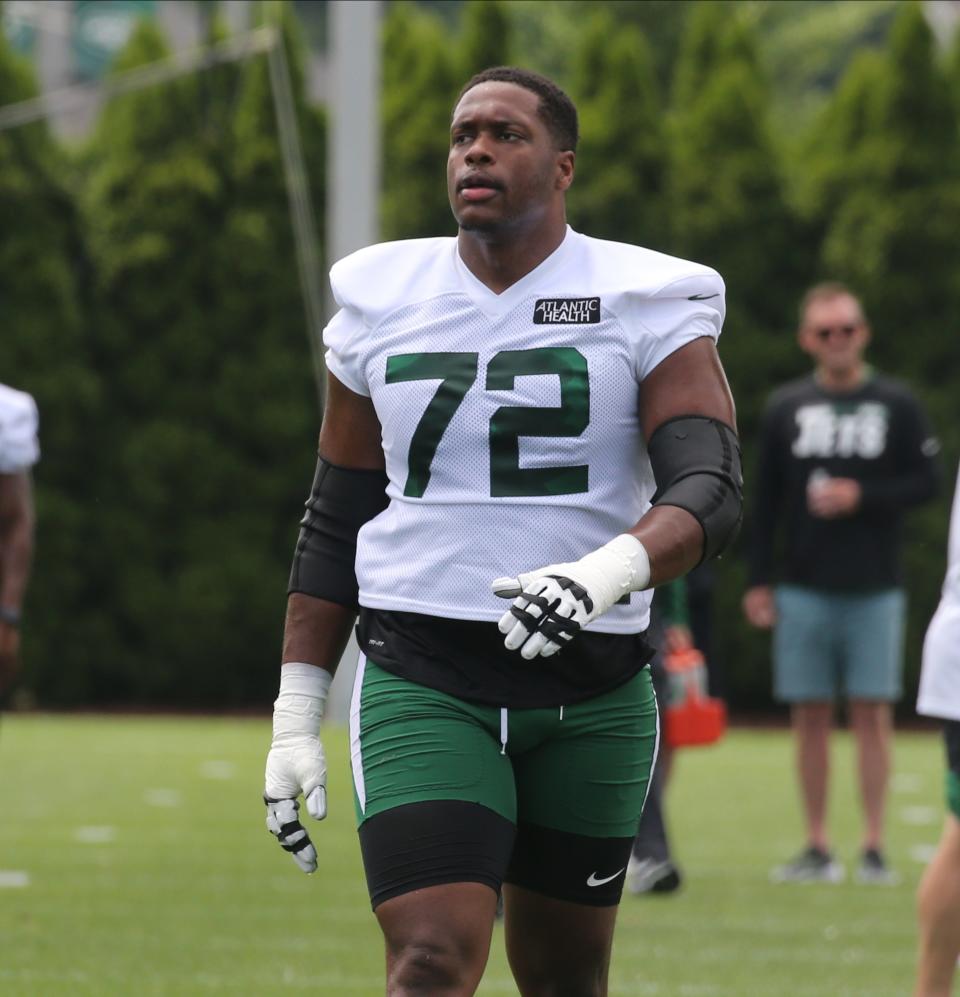 Offensive lineman Cameron Clark as the New York Jets participate in OTA’s at their practice facility in Florham Park, NJ on June 10, 2021.