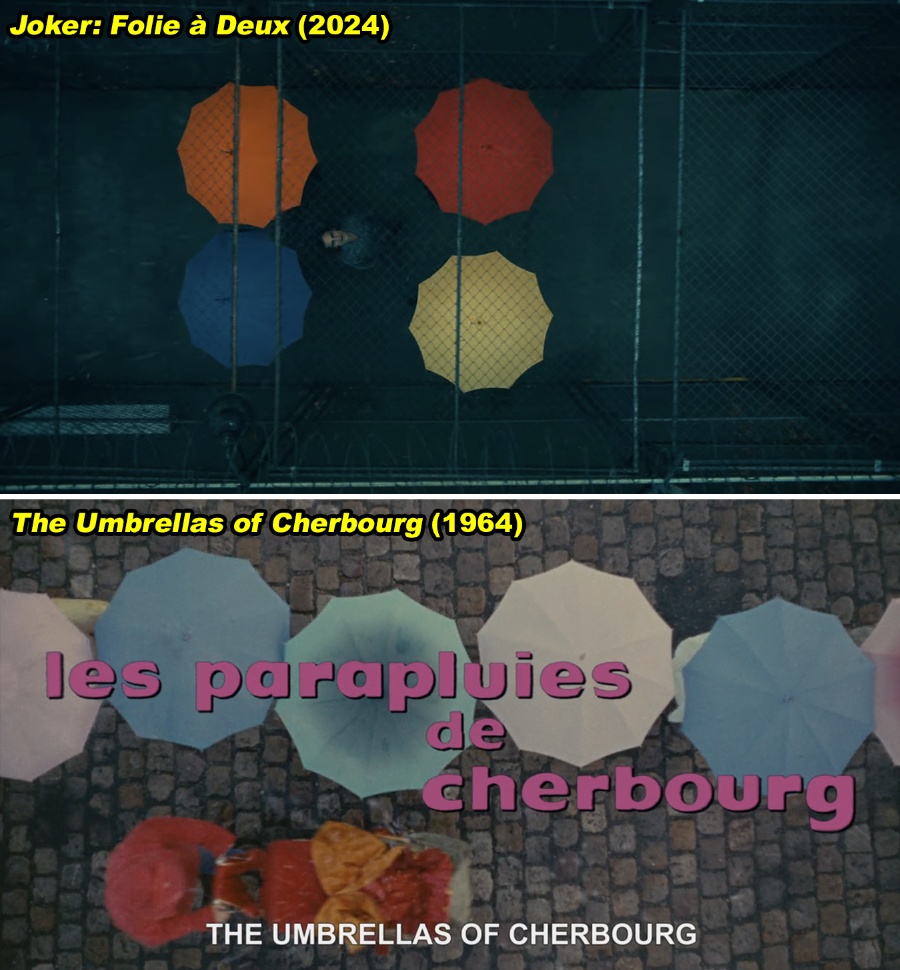Movie posters for "Joker: Folie à Deux" and "The Umbrellas of Cherbourg", juxtaposing similar imagery of characters with umbrellas