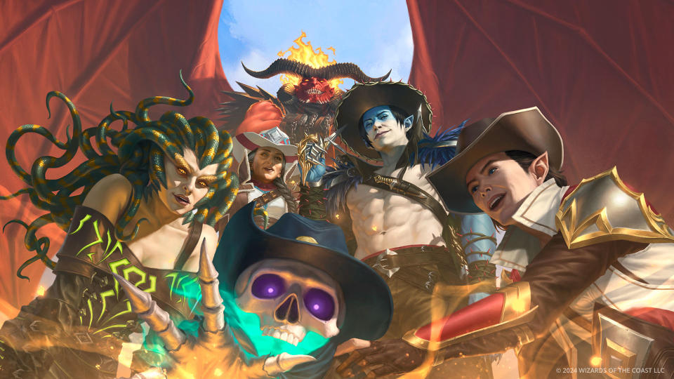 Vraska, Tinybones, Oko, and more MTG villains look down in frame in MTG Outlaws of Thunder Junction promo image