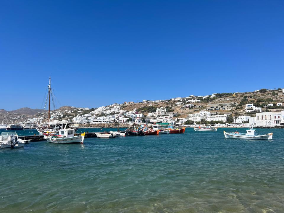 shot of a cruise port with boats in the Mediterranean on clear summer day