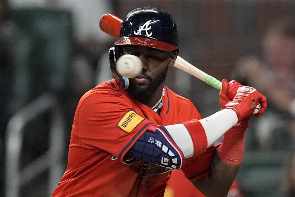 Atlanta Braves outfielder Michael Harris II (23) works at bat against the Cleveland Guardians during the eighth inning of a baseball game, Friday, April 26, 2024, in Atlanta. (AP Photo/Mike Stewart)