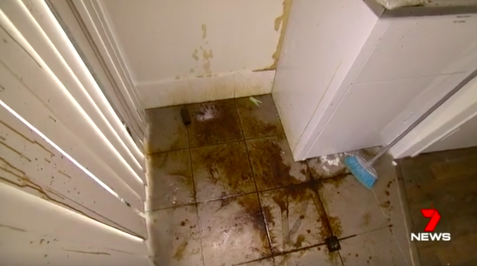 The occupants left greasy motor oil all over the laundry floor, walls and even ceiling. Source: 7News