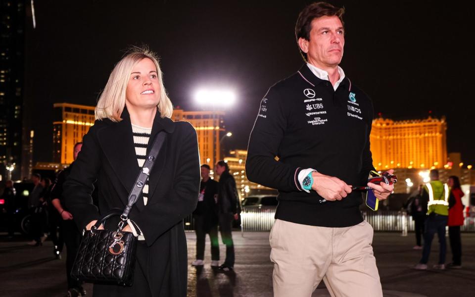 Mercedes GP Executive Director Toto Wolff and Managing Director of Formula 1 Academy Susie Wolff enter the paddock during previews ahead of the F1 Grand Prix of Las Vegas at Las Vegas Strip Circuit on November 15, 2023 in Las Vegas, United States