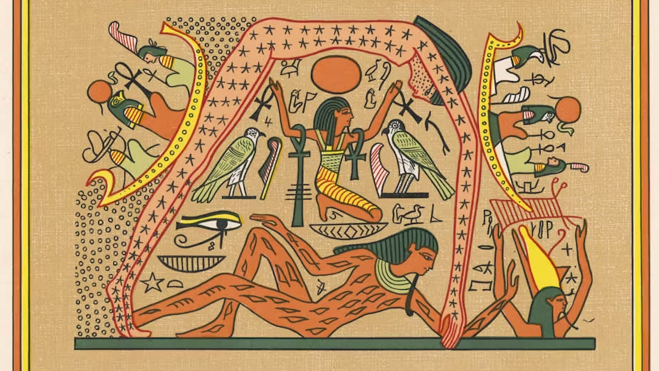  Hieroglyphs depict a giant woman forming an arch above someone laying down and someone raising their arms next to two birds and an eye. On her back, two boats on either side, filled with people. . 