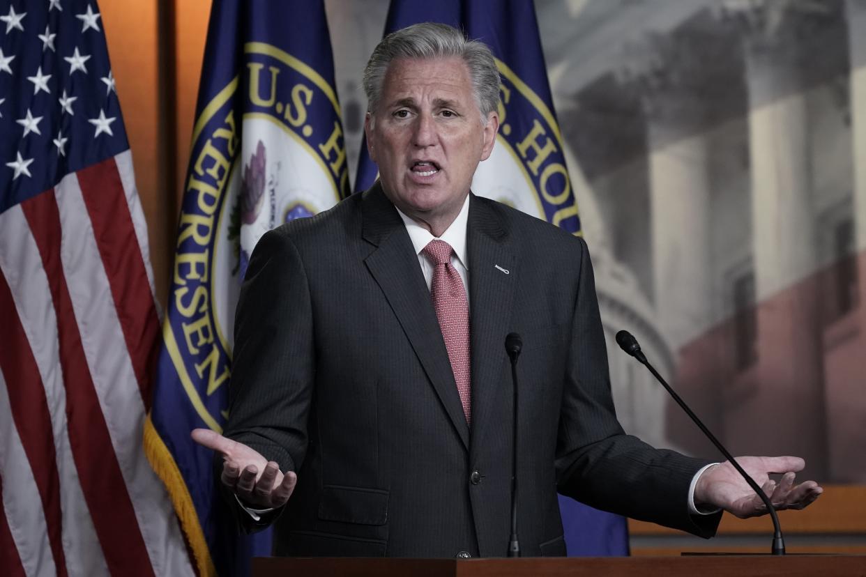 In this Nov. 12, 2020 file photo House Minority Leader Kevin McCarthy, R-Calif., talks during a news conference on Capitol Hill in Washington.