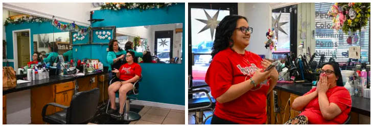 Left: Gabby Quirova gets her hair done for graduation at Hair and Nail Studio on Friday. Right: Gabby’s mom, Ashley Quirova, reacts to her freshly styled hair. (Kylie Cooper/The Texas Tribune)