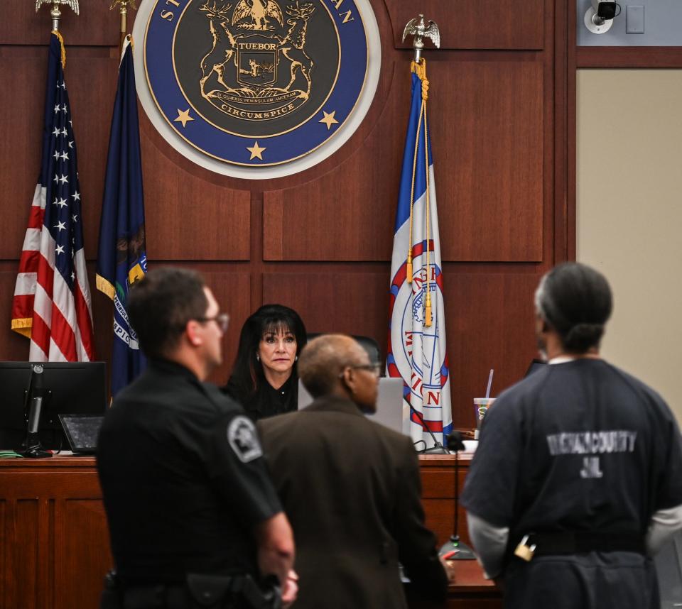 Attorney Melanie L.B. Wandji, middle, represents a client in Circuit Judge Rosemarie Aquilina's courtroom, Wednesday, May 8, 2024. Funding for public defenders in Ingham County has increased by 52.3% since 2019, part of the state’s revamped system for providing defense attorneys for people who can’t afford their own. Across Michigan, the funding increased by 166.7% over the past six years. The added money, plus new standards, has helped Michigan go from among the worst systems in the country to a national model.