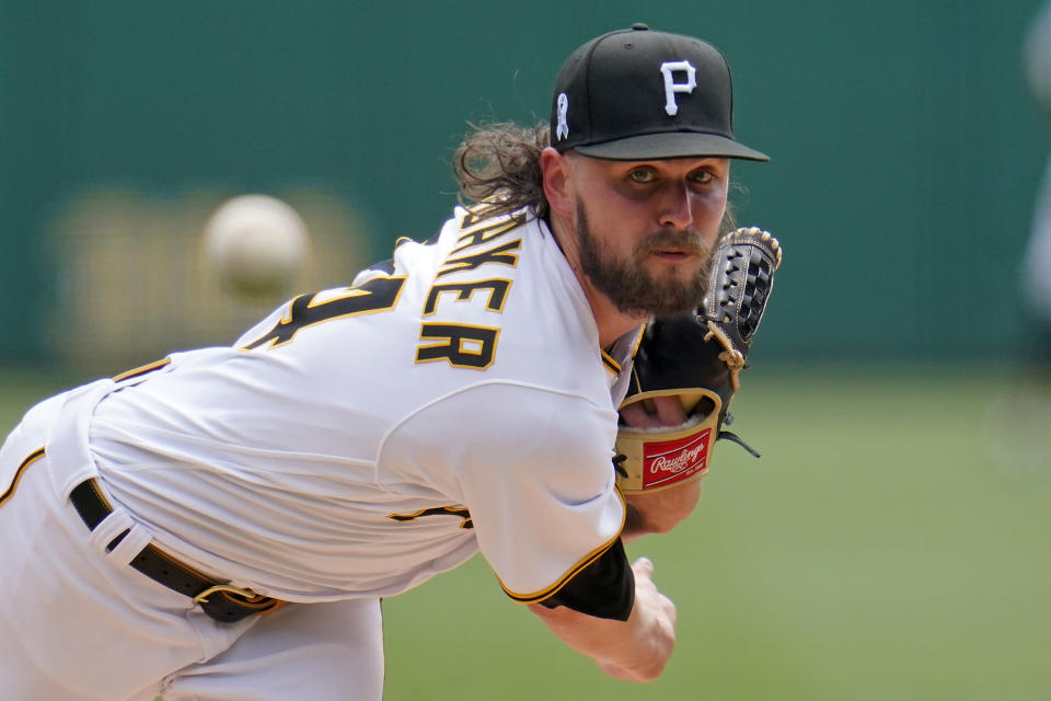 Pittsburgh Pirates starting pitcher JT Brubaker delivers during the first inning of a baseball game against the Cleveland Indians in Pittsburgh, Sunday, June 20, 2021. (AP Photo/Gene J. Puskar)