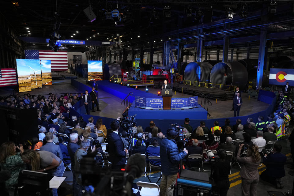 President Joe Biden speaks at CS Wind, Wednesday, Nov. 29, 2023, in Pueblo, Colo. (AP Photo/Jack Dempsey)