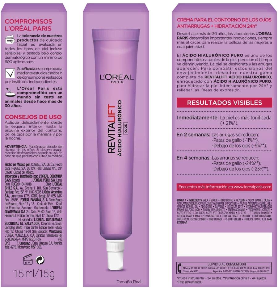 Crema para ojos anti-líneas de expresion Revitalift Ácido Hialurónico de L'Oréal Paris, 15 ml/Amazon.com.mx