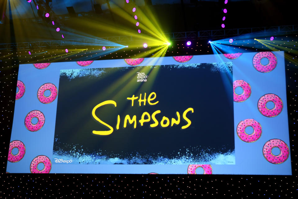 ANAHEIM, CALIFORNIA - AUGUST 24:  A view of the screen at The Simpsons! panel during the 2019 D23 Expo at Anaheim Convention Center on August 24, 2019 in Anaheim, California. (Photo by Angela Papuga/Getty Images)