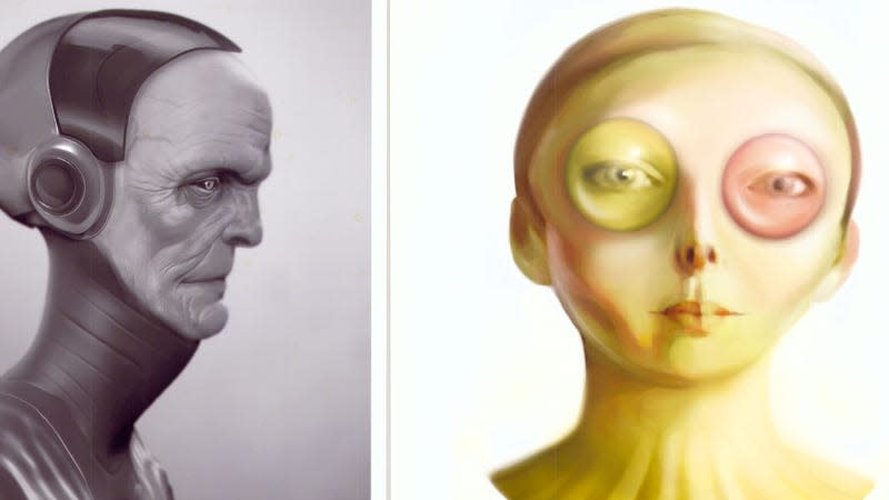 A profile image of a strange man is juxtaposed with a portrait of a person wearing different colored lenses on their eyes.