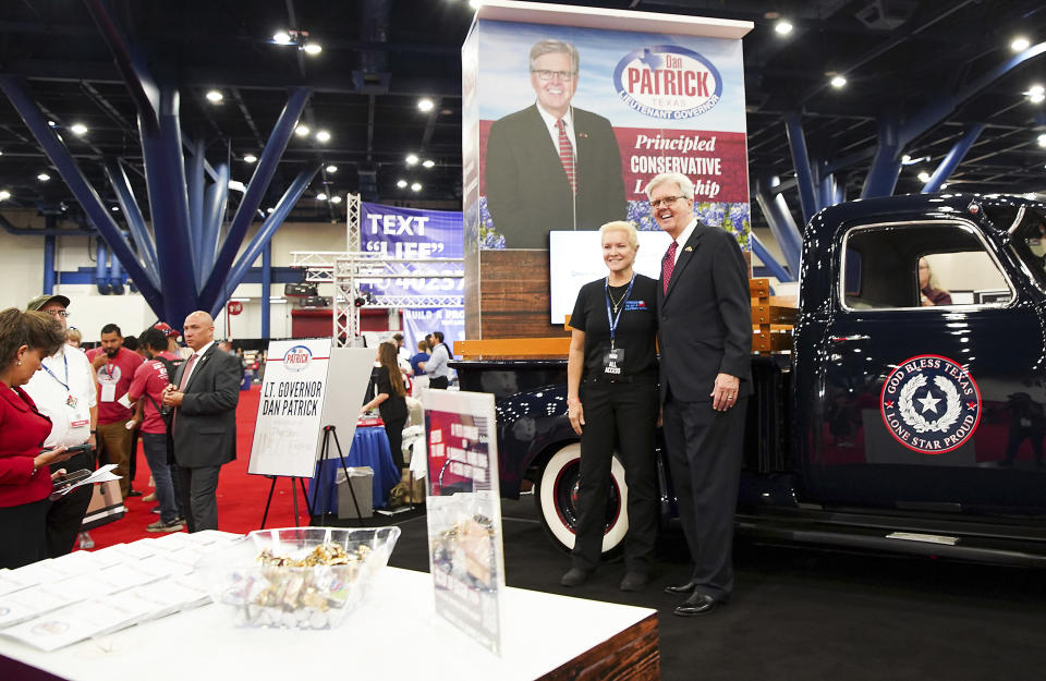 Texas Lt. Gov. Dan Patrick poses for photos with supporters during the first day of the Republican Party of Texas convention at George R. Brown Convention Center on Wednesday, June 15, 2022 in Houston. (Elizabeth Conley/Houston Chronicle via AP)