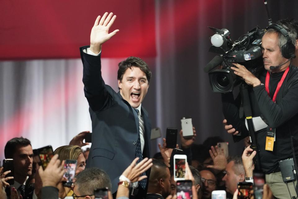 Justin Trudeau greets supporters after Liberal win