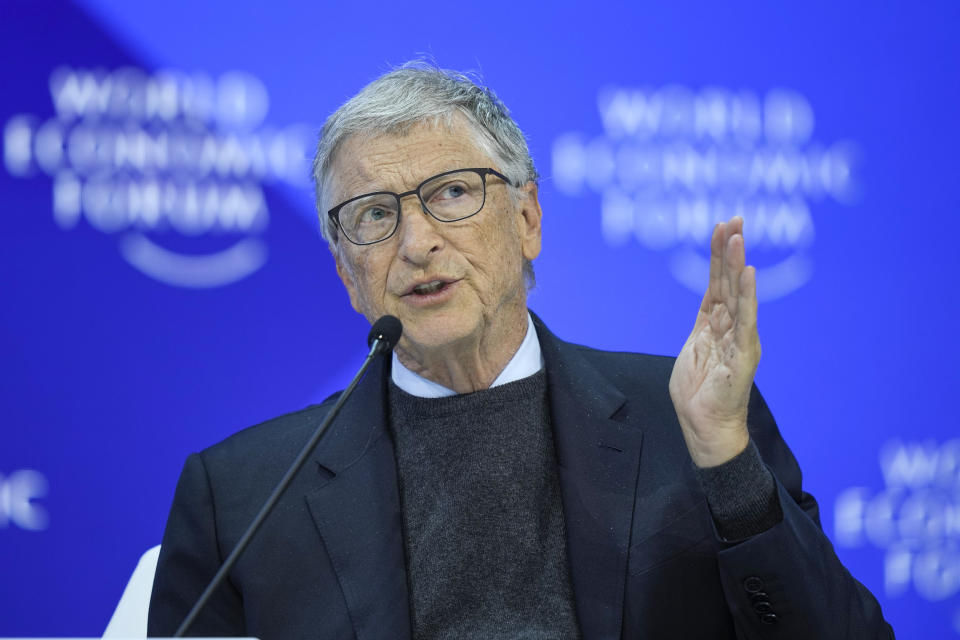 FILE - Bill Gates takes part in a panel at the Annual Meeting of World Economic Forum in Davos, Switzerland, Jan. 17, 2024. The CEO of the Bill & Melinda Gates Foundation, Mark Suzman, called on billionaires to give away more of their money to address inequality and to do it soon in an annual letter released Thursday, Jan. 25. (AP Photo/Markus Schreiber, file)