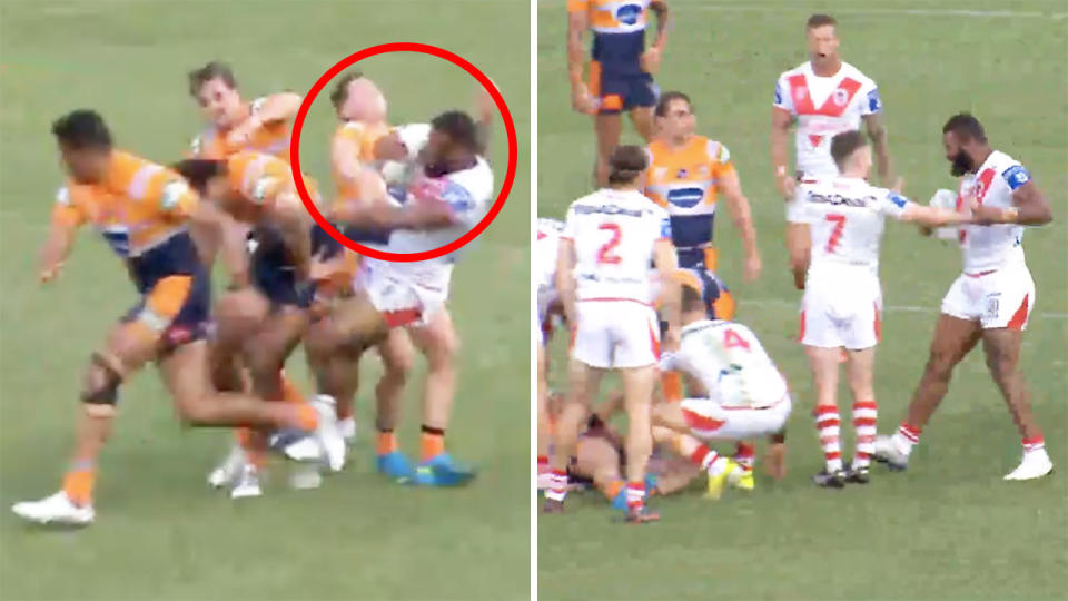 St George Illawarra winger Mikaele Ravalawa has drawn the ire of the Newcastle Knights, who are filthy over his taunt of opponent Kurt Mann. Pictures: Channel 9