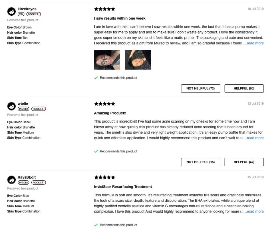 Look closely, and to the left of each review you'll see that these reviewers received the product for free.&nbsp; (Photo: Sephora.com)