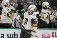 Vegas Golden Knights center William Karlsson (71) celebrates with the team after scoring against the Dallas Stars in the first period of Game 6 of the NHL hockey Stanley Cup Western Conference finals, Monday, May 29, 2023, in Dallas. (AP Photo/Tony Gutierrez)