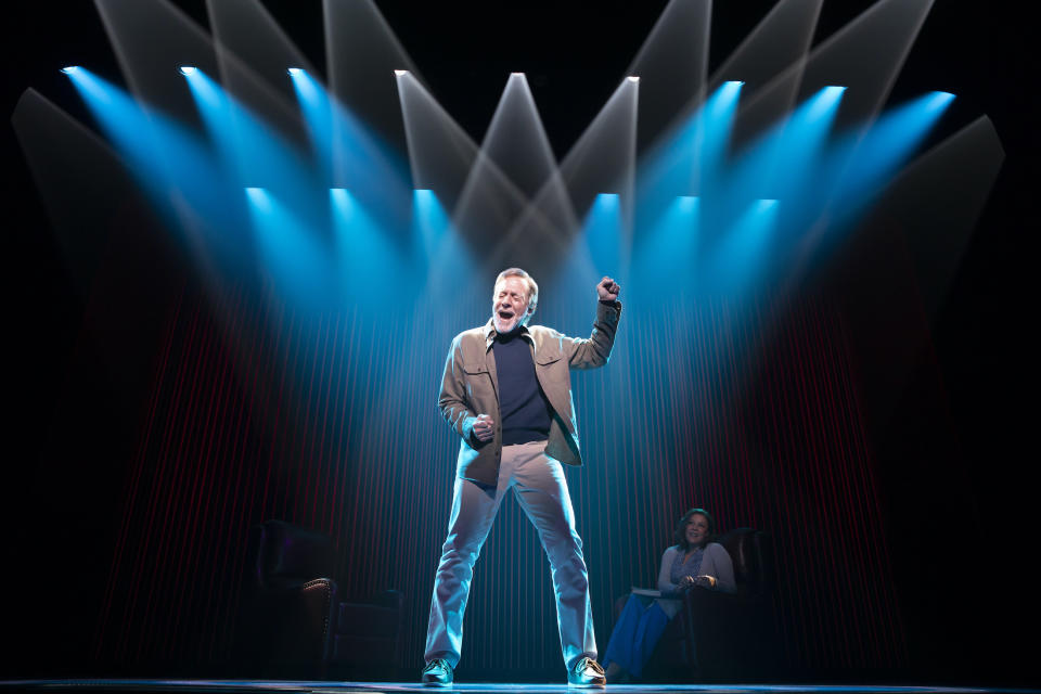 This image released by O&M/DKC shows Mark Jacoby as Neil Diamond during a performance of the musical “A Beautiful Noise." (Julieta Cervantes/O&M/DKC via AP)