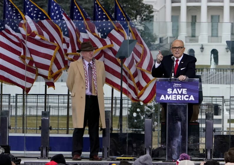 Former New York City Mayor Rudy Giuliani speaks Wednesday, Jan. 6, 2021, in Washington, at a rally in support of President Donald Trump called the "Save America Rally." (AP Photo/Jacquelyn Martin)